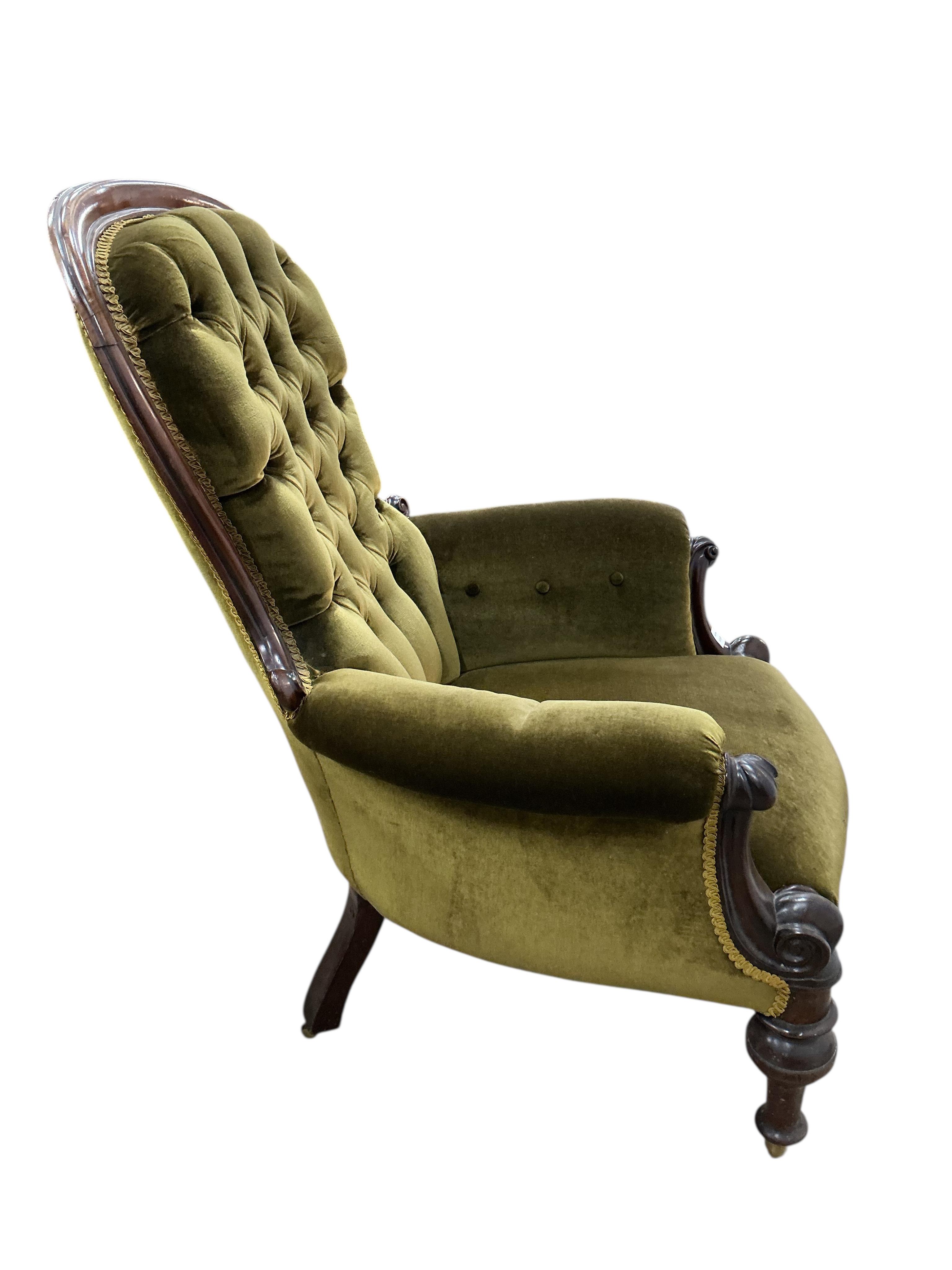 Two Victorian upholstered mahogany spoonback armchairs, larger width 76cm, depth 66cm, height 104cm together with a Victorian rosewood cabriole leg stool